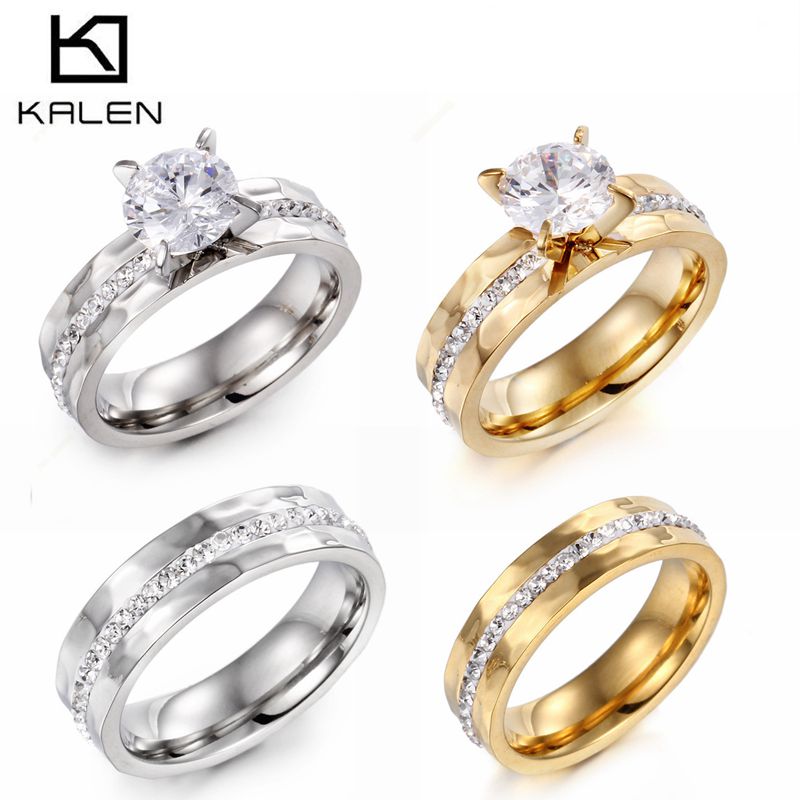 Kalen 새로운 골드 커플 반지 여성 스테인레스 스틸 & 라인 석 약혼 결혼 반지 패션 연인을위한 저렴한 액세서리
